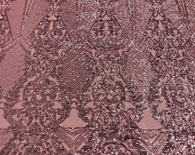 Dusty Rose shiny sequin damask design on a 4 way stretch mesh-sold by the yard.