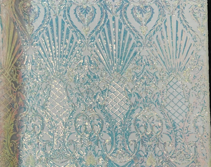 Aqua clear iridescent sequin shell damask design on a White 4 way stretch mesh fabric -prom-sold by the yard.