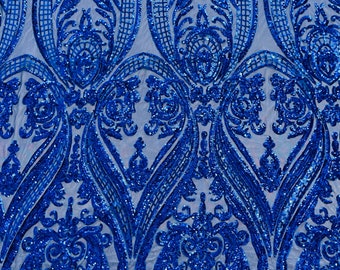 Royal blue empire damask design with sequins embroider on a 4 way stretch mesh fabric-sold by the yard.
