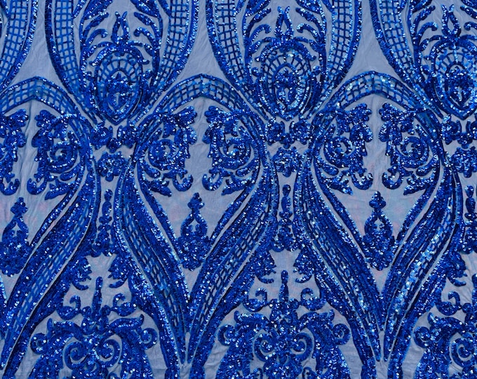 Royal blue empire damask design with sequins embroider on a 4 way stretch mesh fabric-sold by the yard.