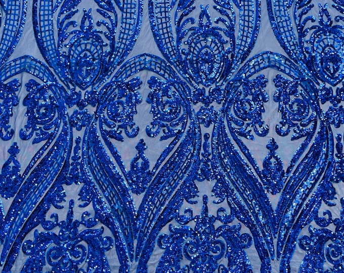 Royal blue empire damask design with sequins embroider on a 4 way stretch mesh fabric-sold by the yard.