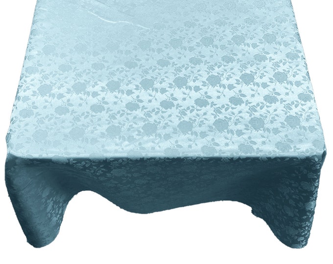 Baby Blue Roses Jacquard Satin Rectangular Tablecloth Seamless/Party Supply.