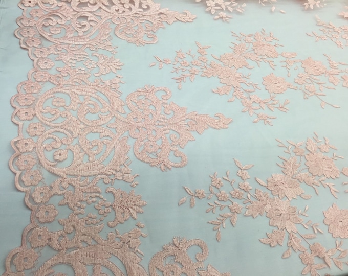 Peach flowers embroider on a 2 way stretch mesh lace. Wedding/Bridal/Prom/Nightgown fabric. Sold by the yard.