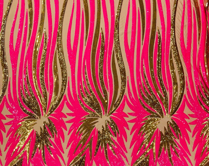 Hot Pink/Gold sequin Wings design on a Nude 4 way stretch mesh fabric- prom-nightgown-by the yard-free shipping in the USA.