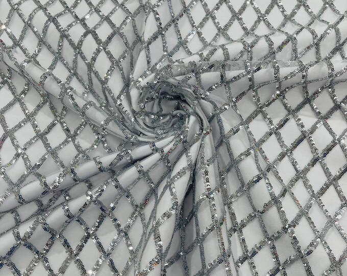 Luxury Diamond Design Mini Glitz Sequins On A Mesh Fabric/Prom/Wedding/Party Supply. Silver