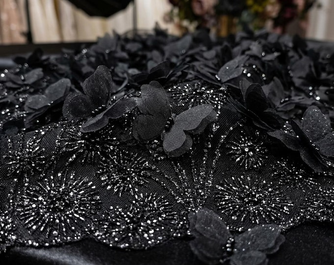 Black 3D Floral Butterfly Lace Fabric by the Yard, Beaded Mesh Lace for Prom Dress, Gothic Bridal, Couture Fabric