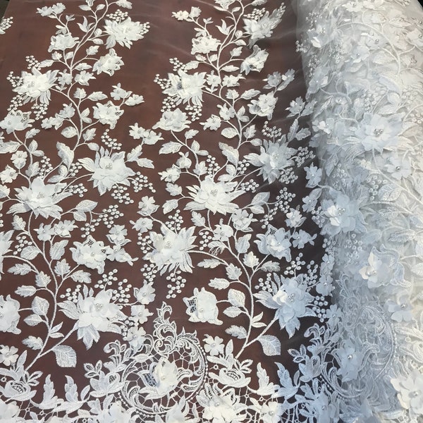 3D Floral Design Embroider with Pearls in a Mesh Lace-Sold by The Yard Ivory main image 1