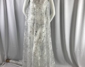 White corded french design-embroider with sequins on a mesh lace fabric-wedding-bridal-nightgown-prom-dresses-fashion-sold by the yard.