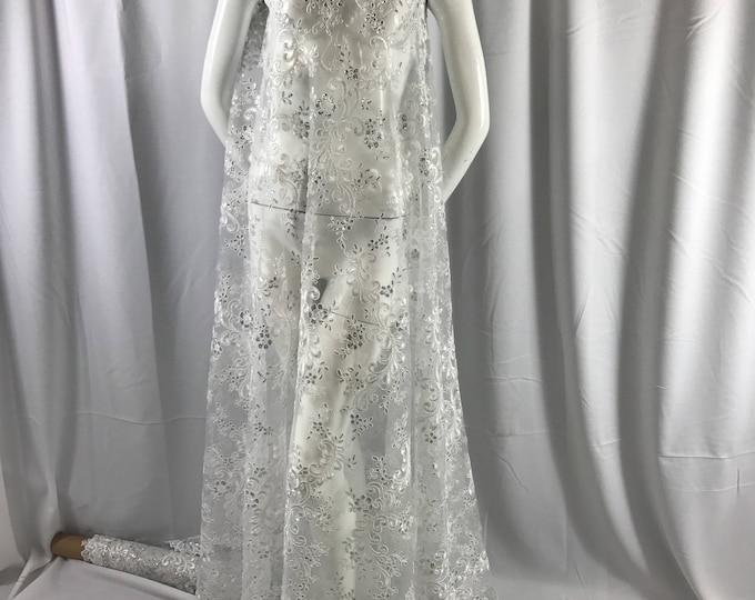 White corded french design-embroider with sequins on a mesh lace fabric-wedding-bridal-nightgown-prom-dresses-fashion-sold by the yard.