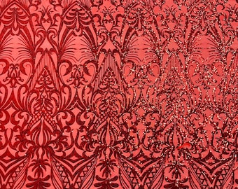 Red sequin damask design on a 4 way stretch mesh fabric-prom-sold by the yard.
