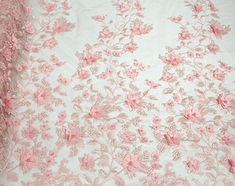 Pink Emily 3d floral design embroider with pearls in a mesh lace-sold by the yard.