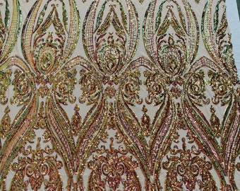 Green/Purple iridescent empire damask design with sequins embroider on a Nude 4 way stretch mesh fabric-sold by the yard.