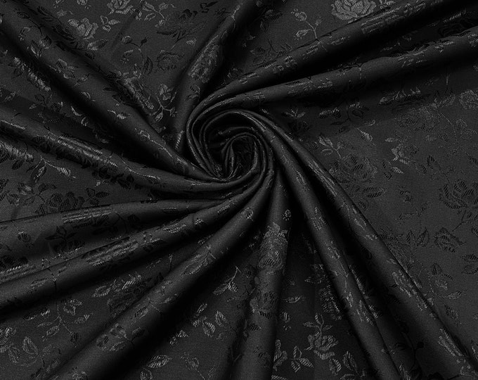Black 60" Wide Polyester Roses/Flowers Brocade Jacquard Satin Fabric/Cosplay Costumes, Skirts, Table Linen/Sold By The Yard.
