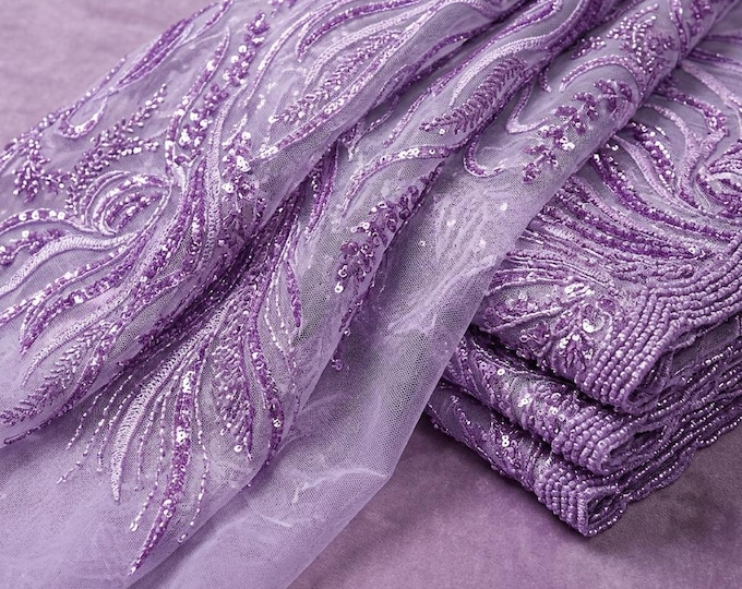Lavender Feather Beaded Lace Fabric by the Yard, Sequined Mesh Lace for Bridal Dress, Prom Gown, Couture Evening Wear