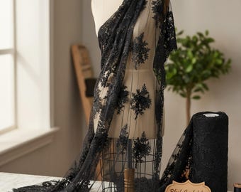 Black Corded Lace Fabric with 3D Floral Embroidery, Sold by the Yard