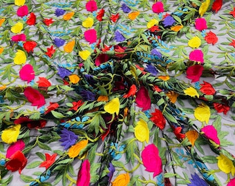 Maria multi color Mexican Sarape floral design embroider on a black mesh lace-sold by the yard.