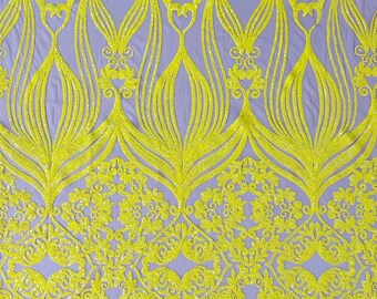 Bright Yellow shiny sequin damask design on a Nude 4 way stretch mesh-sold by the yard.