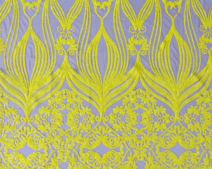 Bright Yellow shiny sequin damask design on a Nude 4 way stretch mesh-sold by the yard.