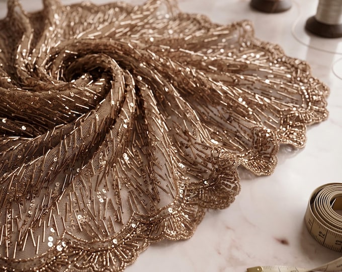 Nude Vegas Beaded Sequin Stretch Mesh Fabric By The Yard, Luxury Embroidered Lace For Prom Dresses, Evening Gowns & Couture Fashion