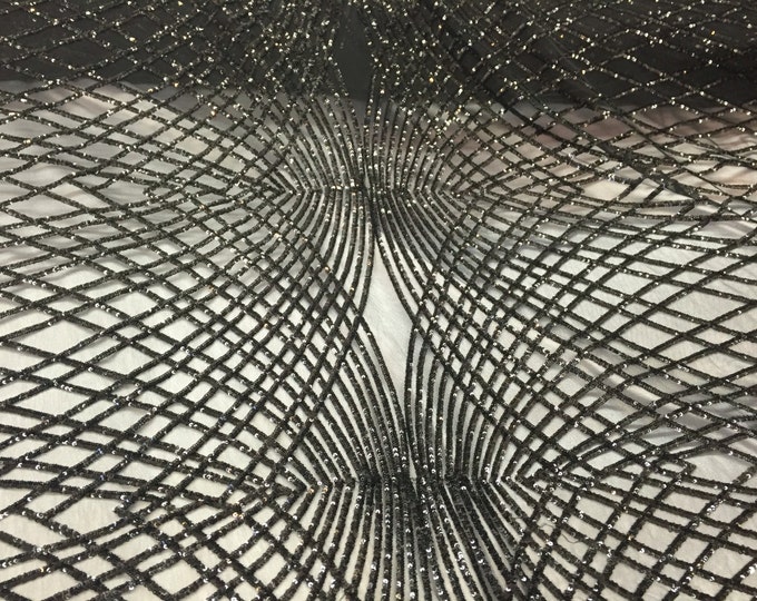 Black venom diamond web-embroider with sequins on a black mesh lace fabric-wedding-bridal-prom-nightgown fabric- sold by the yard.