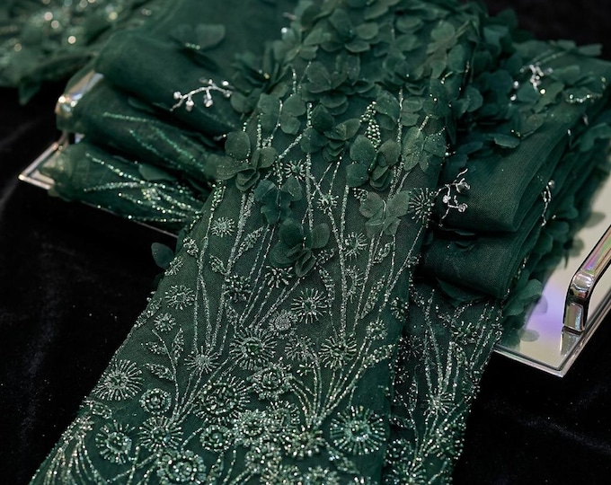 Hunter Green 3D Floral Butterfly Beaded Lace Fabric by the Yard, Luxury Mesh Lace for Prom Dress, Bridal Gown, Evening Wear