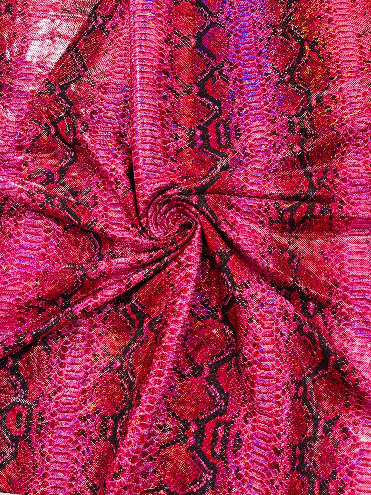 Holographic Snake Foil Printed Spandex Fabric By The Yard | Multi Color Snake Design Poly Spandex Fabric 4 Way Stretch 60” - Fuchsia.