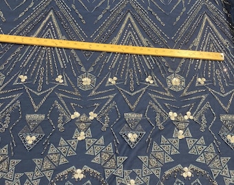 Navy multi color geometric design with heavy beaded and sequins on a mesh lace-prom-nightgown-sold by the yard.