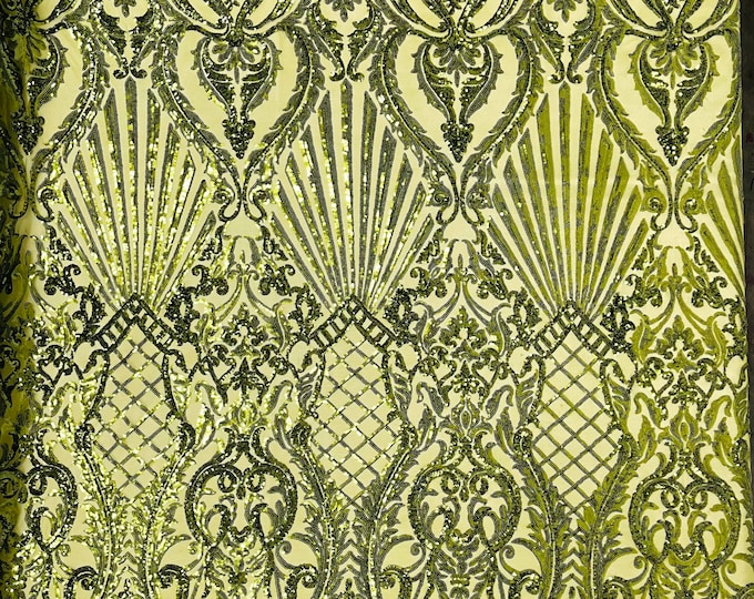 Olive green shiny sequin shell damask design on a 4 way stretch mesh fabric -prom-sold by the yard.