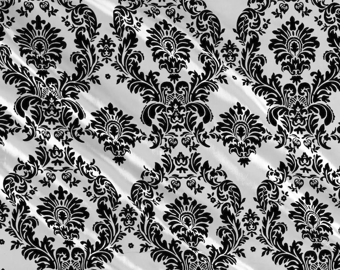 White - Flocked Damask Taffeta Fabric - Sold By The Yard.