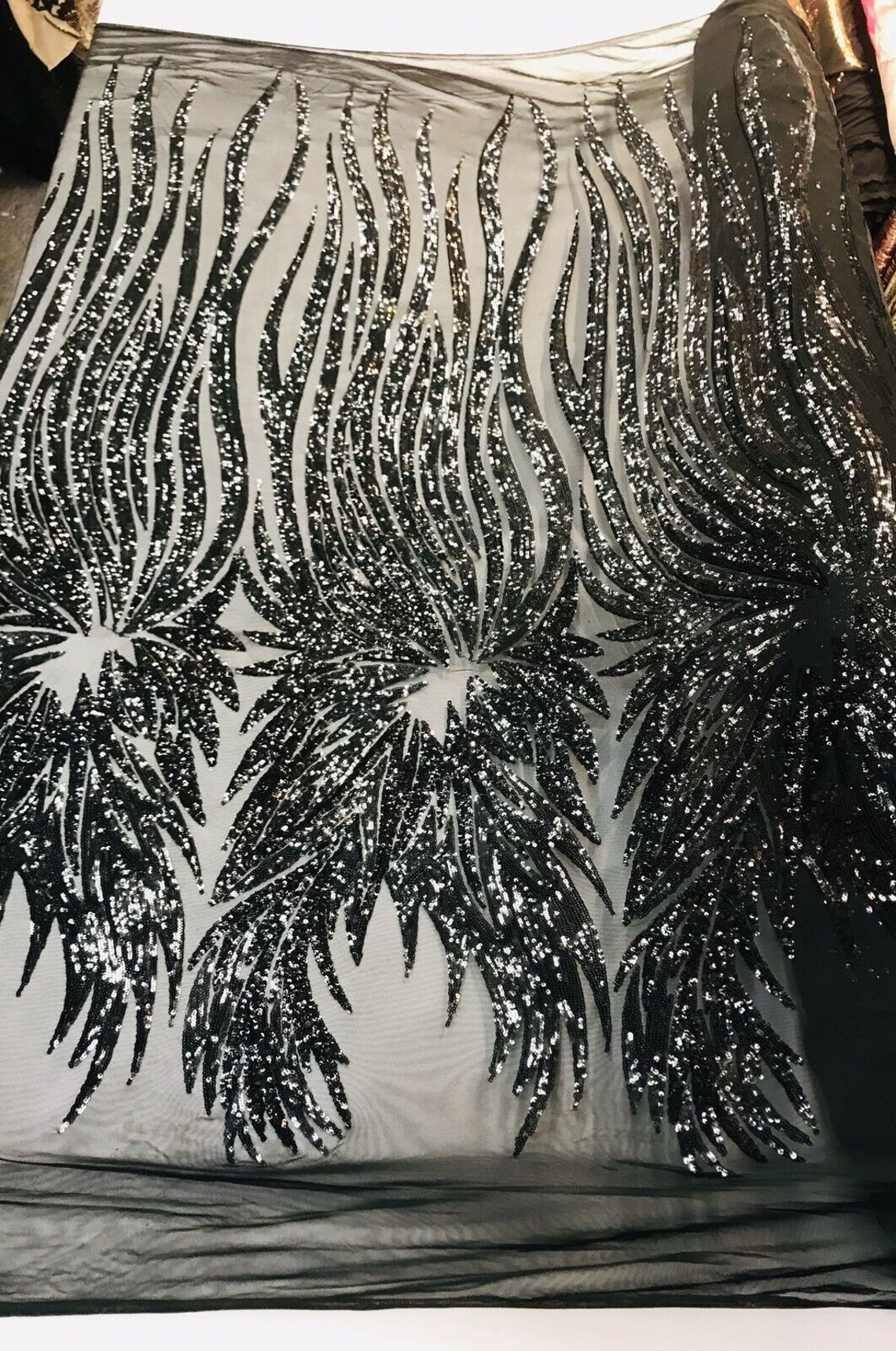 PURPLE -WHITE-BLACK ANGEL WINGS SEQUIN DESIGN ON A 4 WAY STRETCH MESH-BY YARD. main image 1
