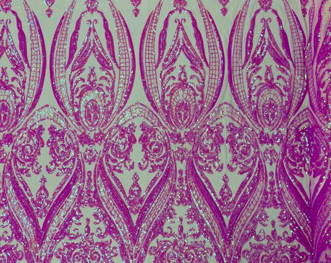 Candy Pink iridescent empire damask design with sequins embroider on a 4 way stretch mesh fabric-sold by the yard.