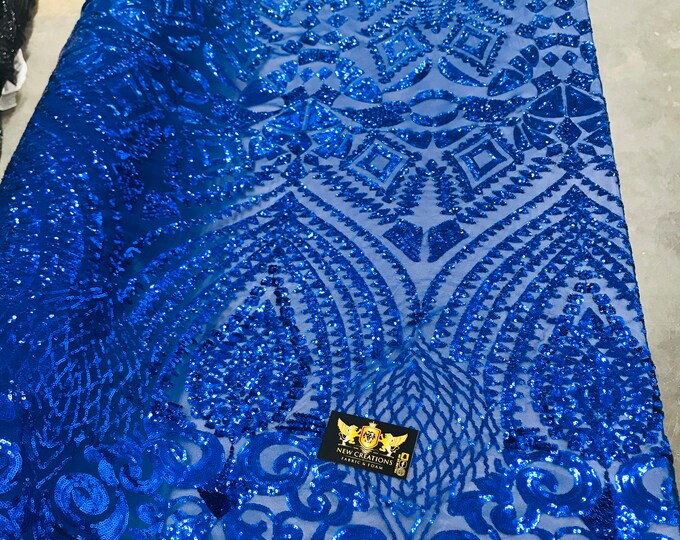 New royal blue shiny diamond design with sequins on a 4 way stretch mesh-prom-nightgown-sold by the yard-free shipping in the USA.