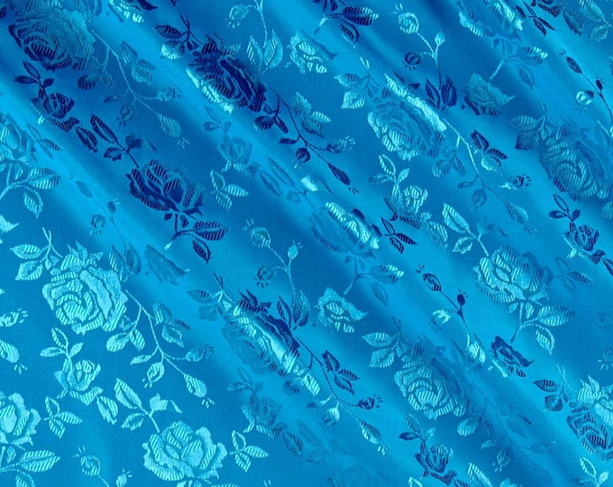 Turquoise 60" Wide Polyester Flower Brocade Jacquard Satin Fabric, Sold By The Yard.