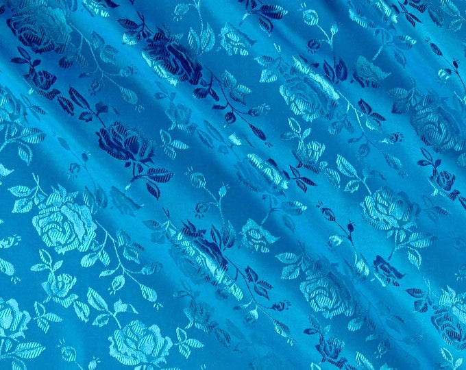 Turquoise 60" Wide Polyester Flower Brocade Jacquard Satin Fabric, Sold By The Yard.
