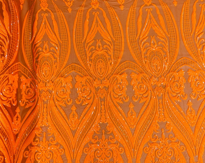 Bright Orange empire damask design with shiny sequins embroider on a 4 way stretch mesh fabric-sold by the yard.