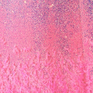 Candy Pink 5mm sequins on a stretch velvet with feathers  2-way stretch, sold by the yard
