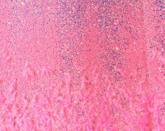 Candy Pink 5mm sequins on a stretch velvet with feathers  2-way stretch, sold by the yard