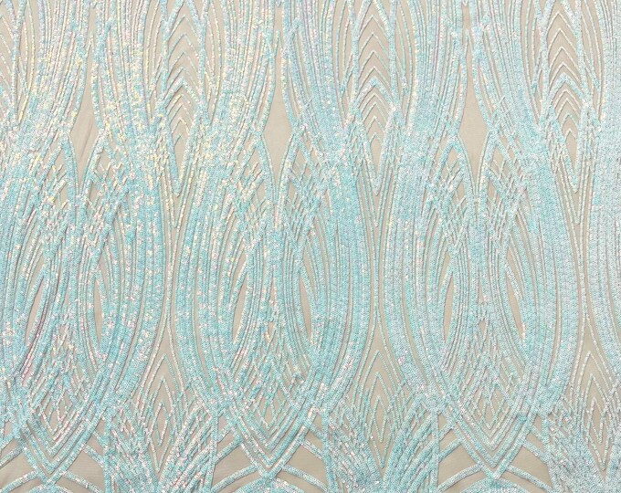 Aqua iridescent Feather damask sequin design on a Nude 4 way stretch mesh Fabric-prom-sold by the yard.