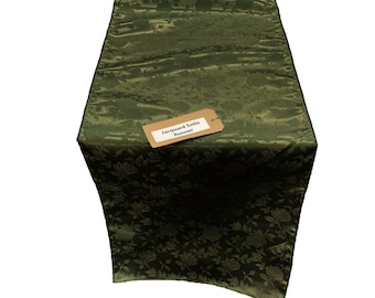 Olive Green Jacquard Satin Roses Runner, Party Supply / Wedding / Decoration.