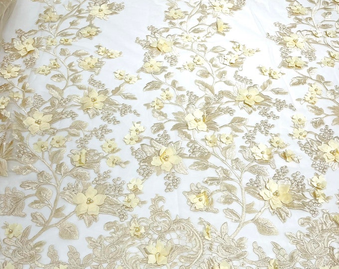 Champagne Emily 3d floral design embroider with pearls in a mesh lace-sold by the yard.