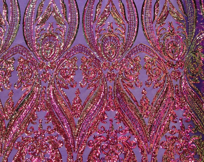 Purple iridescent empire damask design with sequins embroider on a purple 4 way stretch mesh fabric-sold by the yard.