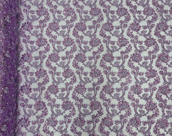 Lilac corded flowers embroider with sequins on a mesh lace fabric-prom-sold by the yard.