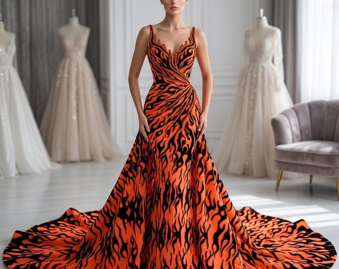 Neon Orange Flame Fabric 60” Wide | Black Flocked Flames Mesh with Red Glitter | Hot Rod Upholstery, Custom Apparel Material