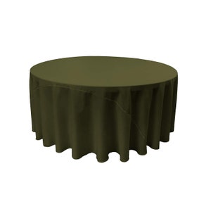 May include: A round, olive green tablecloth with a smooth, wrinkle-free finish. The tablecloth is draped over a table and has a slight drape.
