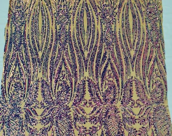 Lavender iridescent Paisley sequin design on a nude 4 way stretch mesh-prom-sold by the yard.