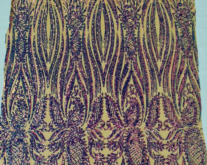 Lavender iridescent Paisley sequin design on a nude 4 way stretch mesh-prom-sold by the yard.