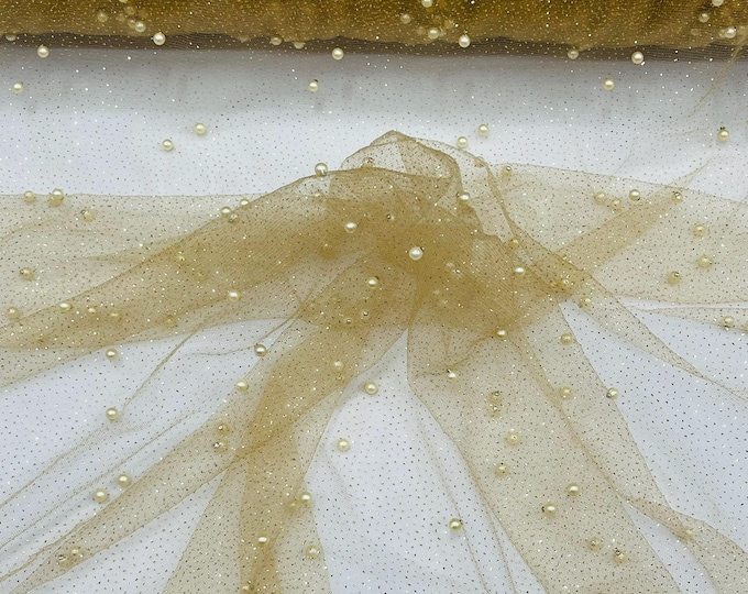 Nude Pearl Glitter Studded Mesh, 2-Way Stretch Shimmer Mesh Fabric, Sold by the yard.