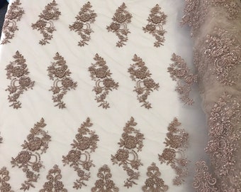 Dusty rose hand beaded floral design embroidery with shiny sequins on a mesh lace-dresses-apparel-prom-nightgown-fashion-sold by the yard.