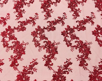 Burgundy flower lace corded and embroider with sequins on a mesh-Sold by the yard.