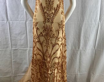 Matt gold damask design embroider with sequins on a 2 way stretch mesh-prom-nightgown-decorations-fashion-dreses-sold by the yard.